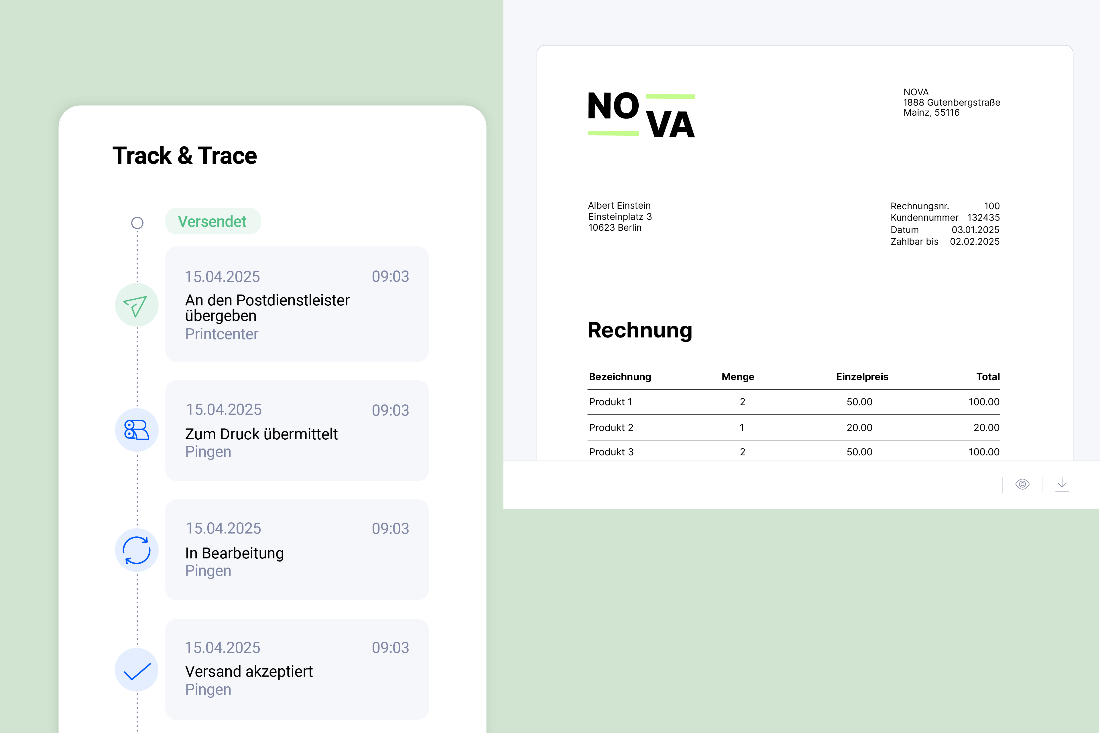 Pingen-Oberfläche zeigt Echtzeit-Tracking für ausgehende Briefe