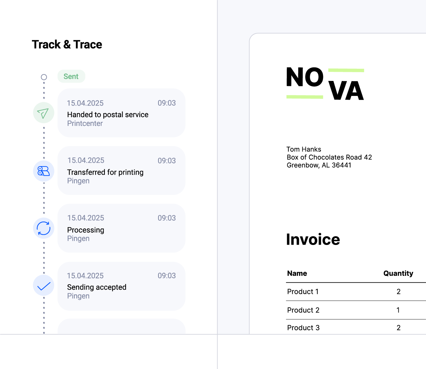 Interface of Pingen displaying real-time letter tracking information