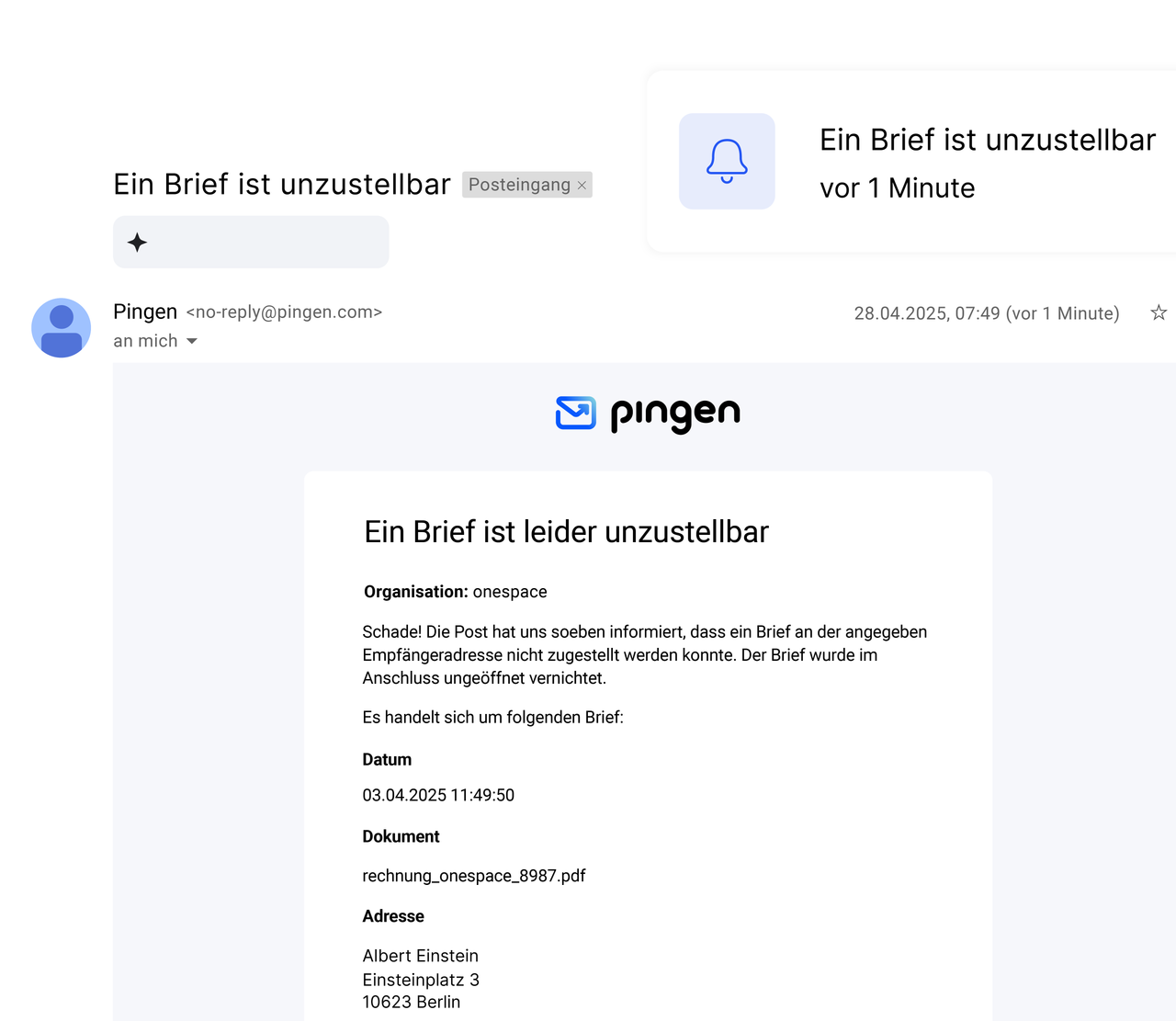 E-Mail-Benachrichtigung von Pingen über eine zurückgesendete Sendung