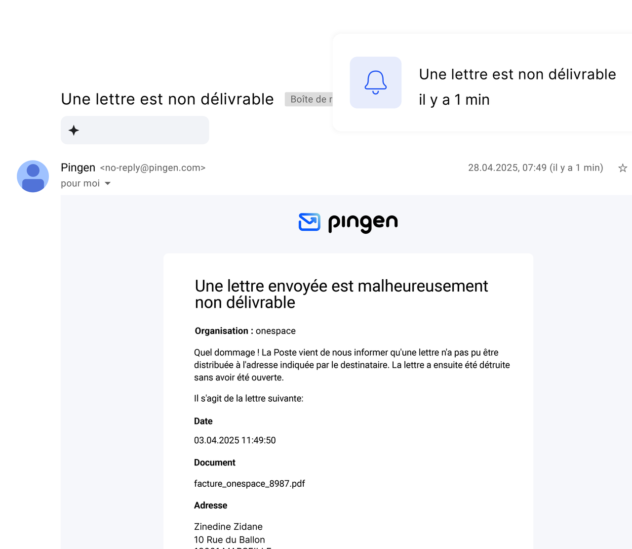 Notification par e-mail de Pingen concernant un courrier retourné
