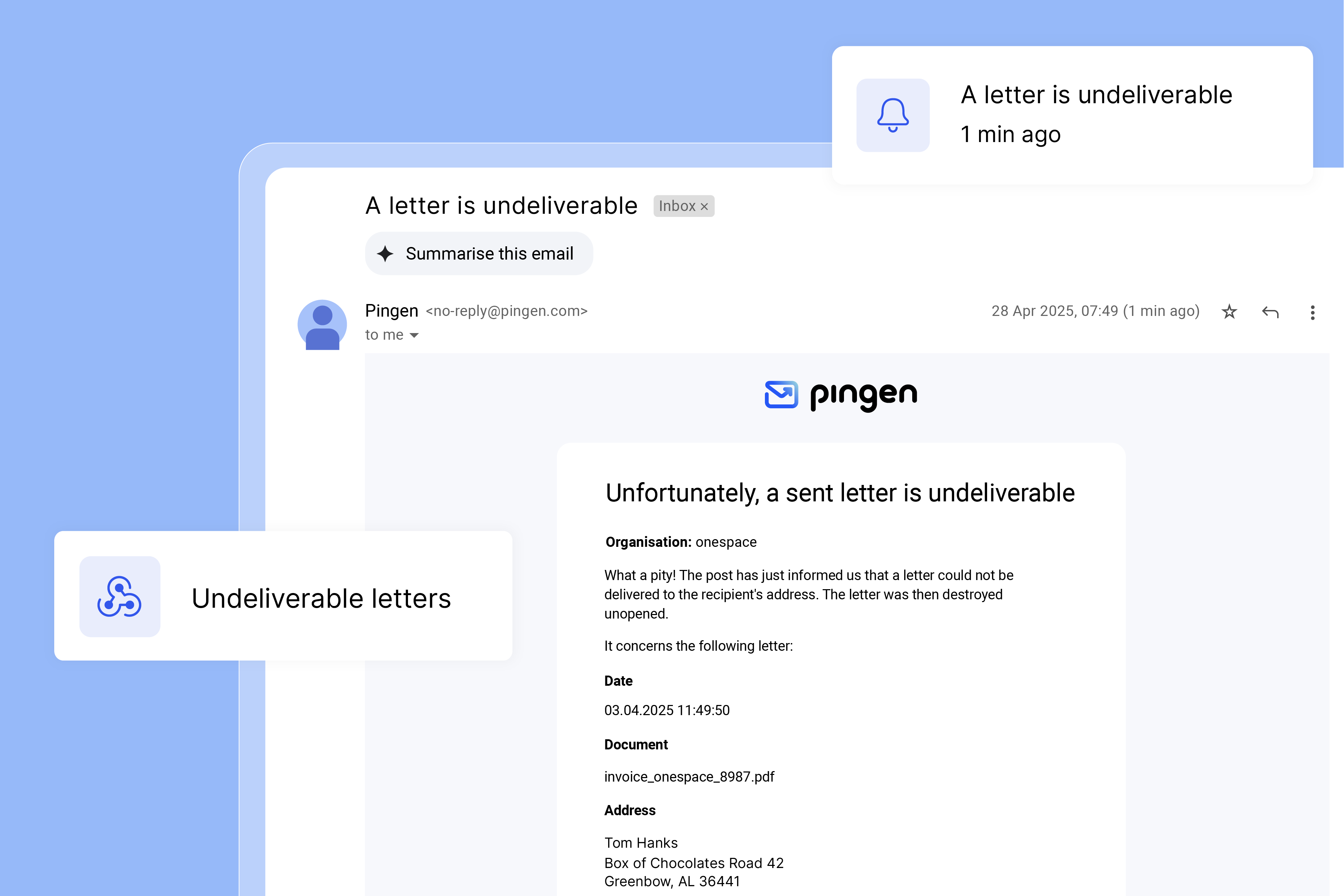 Email notification from Pingen about a returned mail