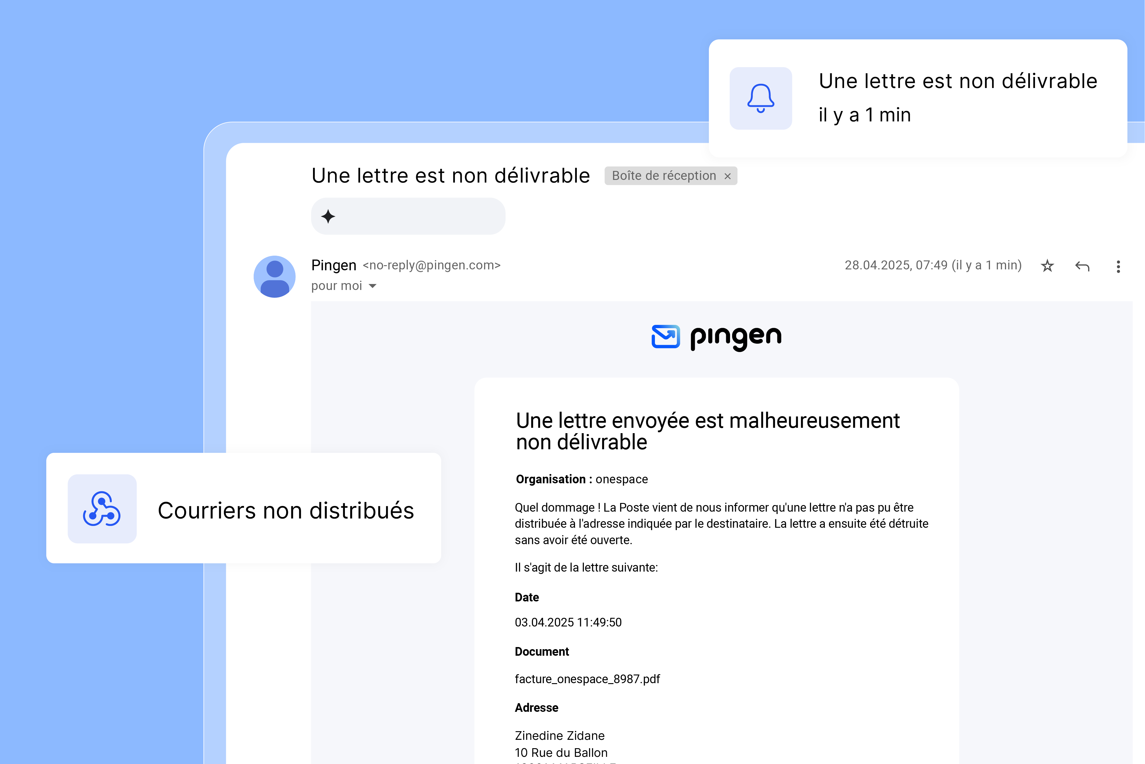 Notification par e-mail de Pingen concernant un courrier non distribuable