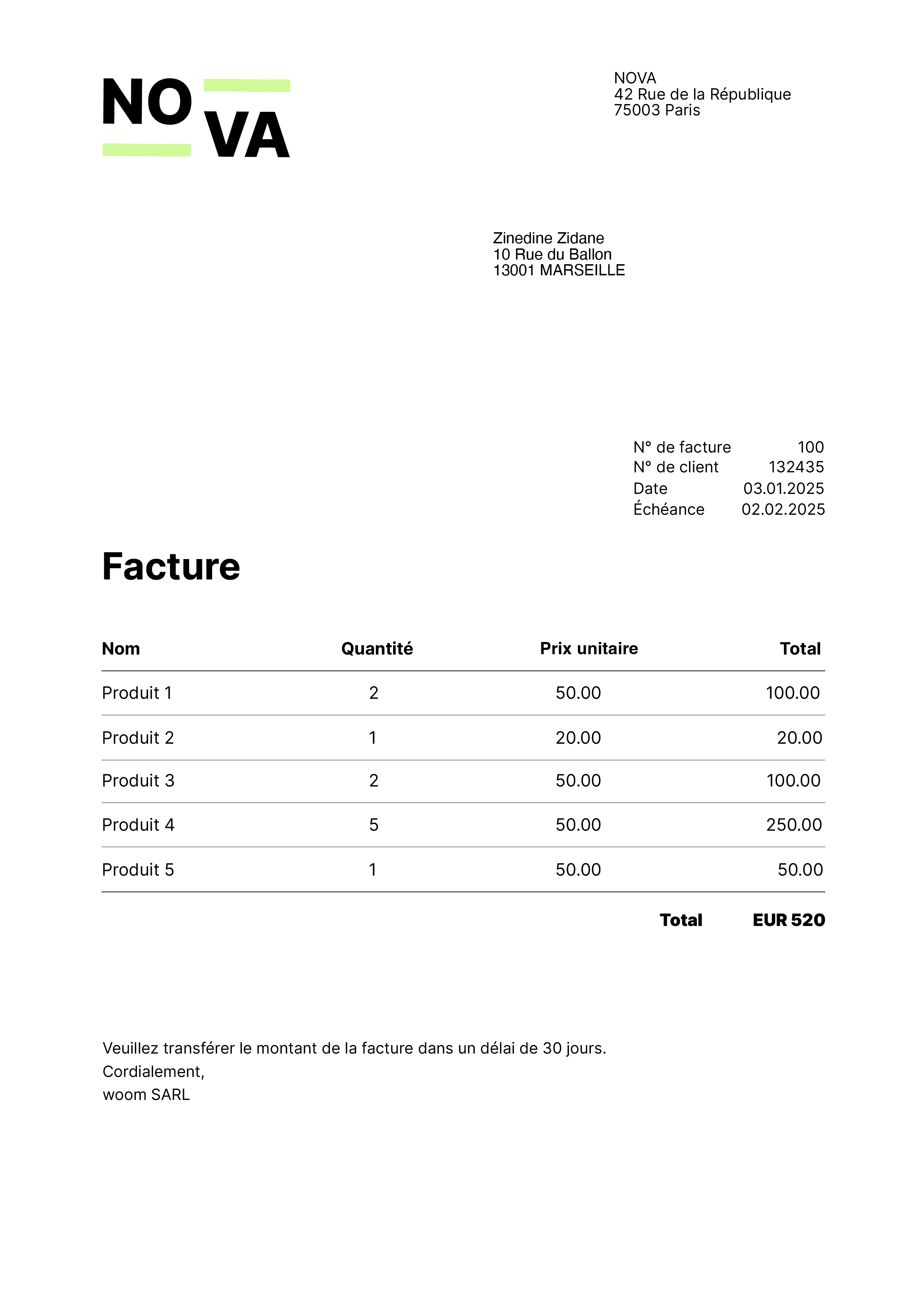 Cas d’usage envoi de factures – Exemple de facture