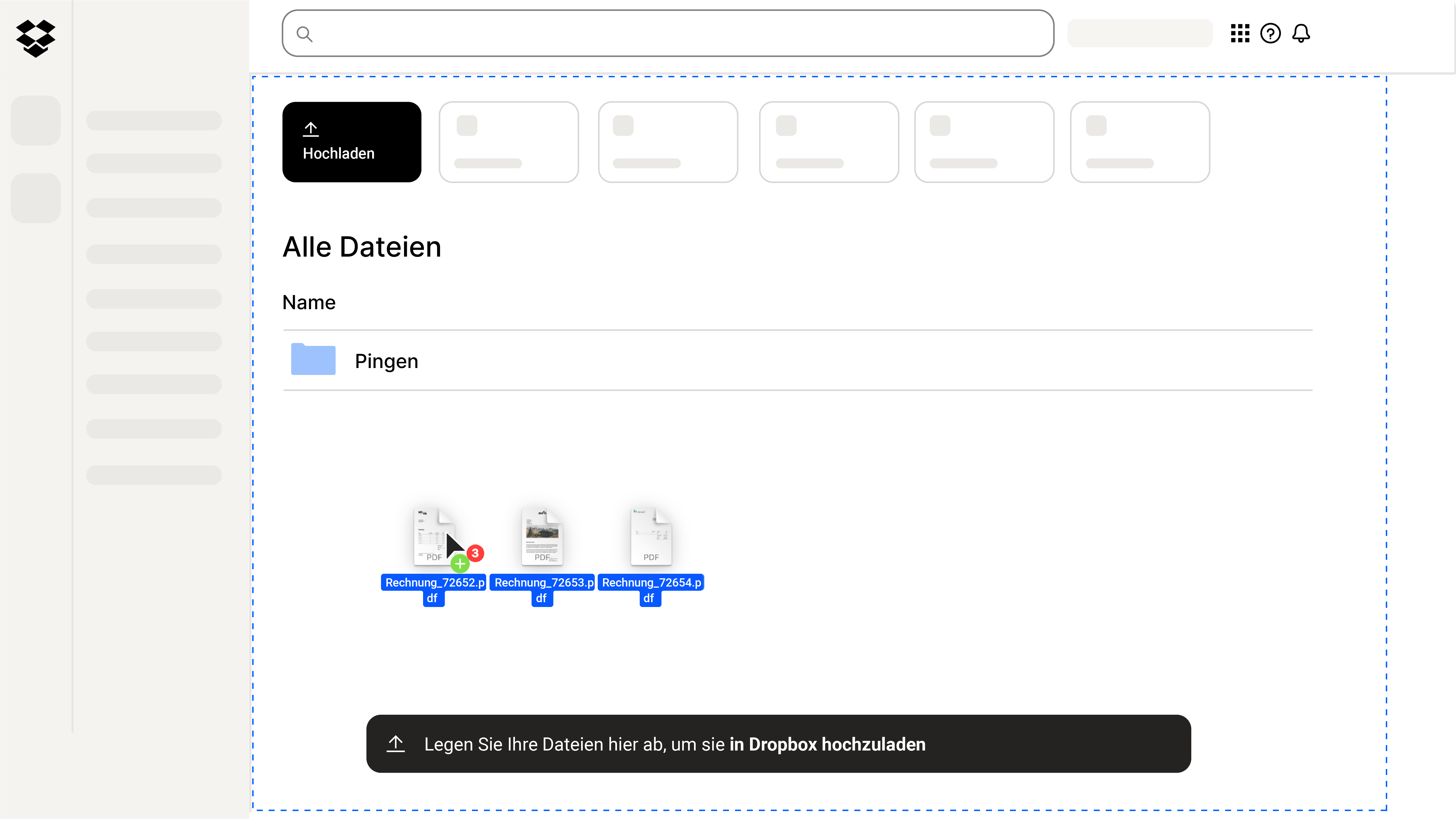 Pingen-Ordner in der Dropbox-App-Übersicht – Dateien per Drag-and-Drop hinzufügen