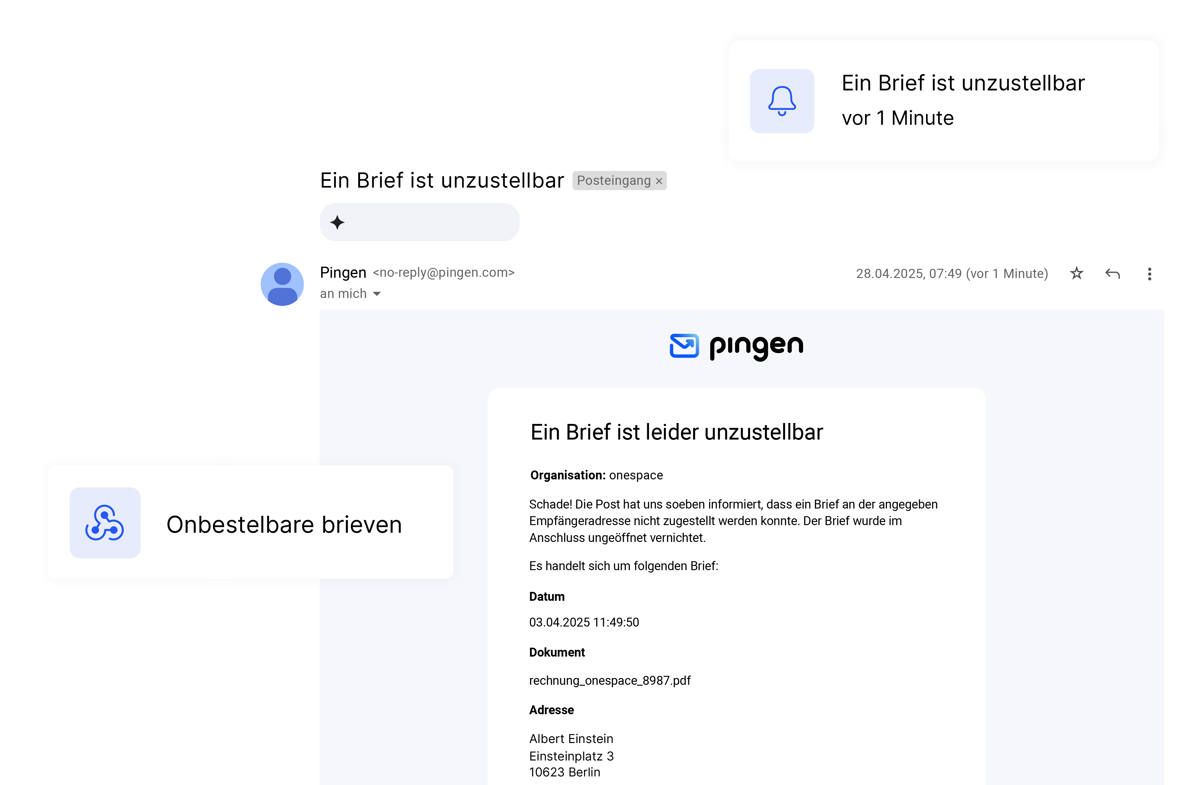 E-Mail-Benachrichtigung von Pingen über eine nicht zustellbare Sendung