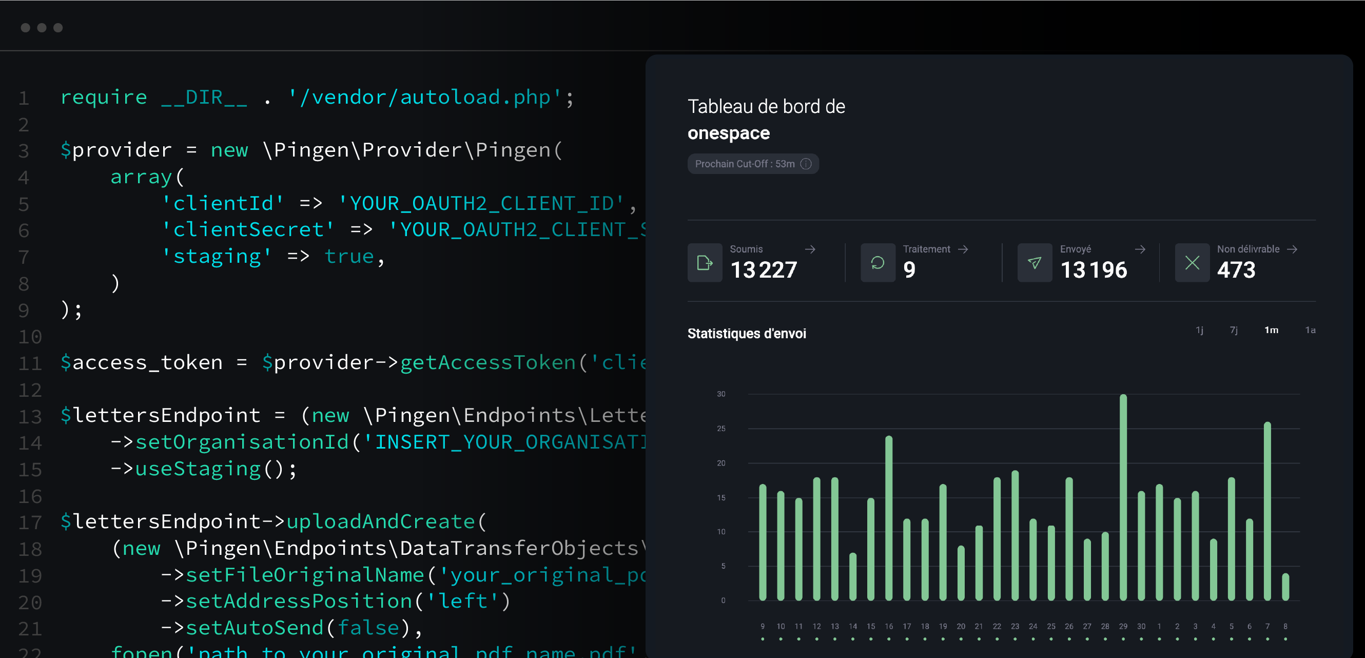API de lettres Pingen avec exemple de code PHP et vue du tableau de bord