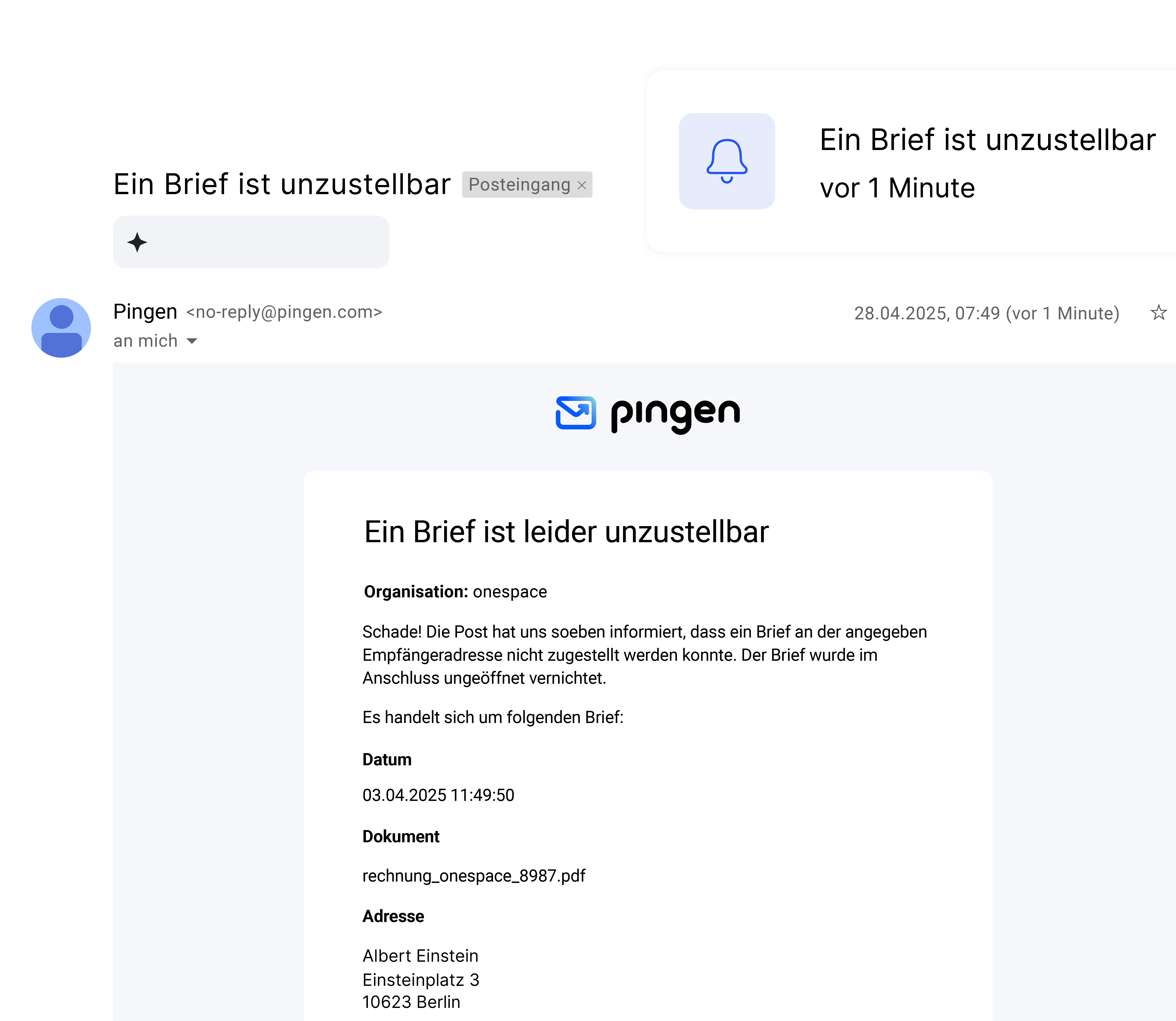 E-Mail-Benachrichtigung von Pingen über eine nicht zustellbare Sendung