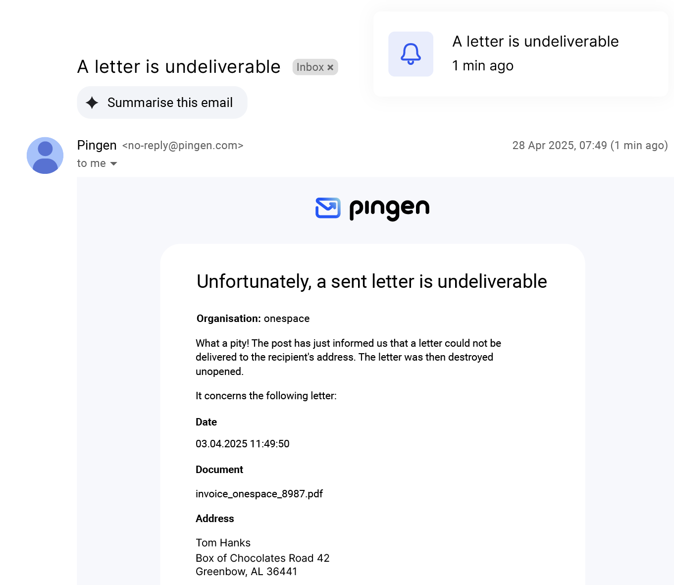 Email notification from Pingen about a returned mail
